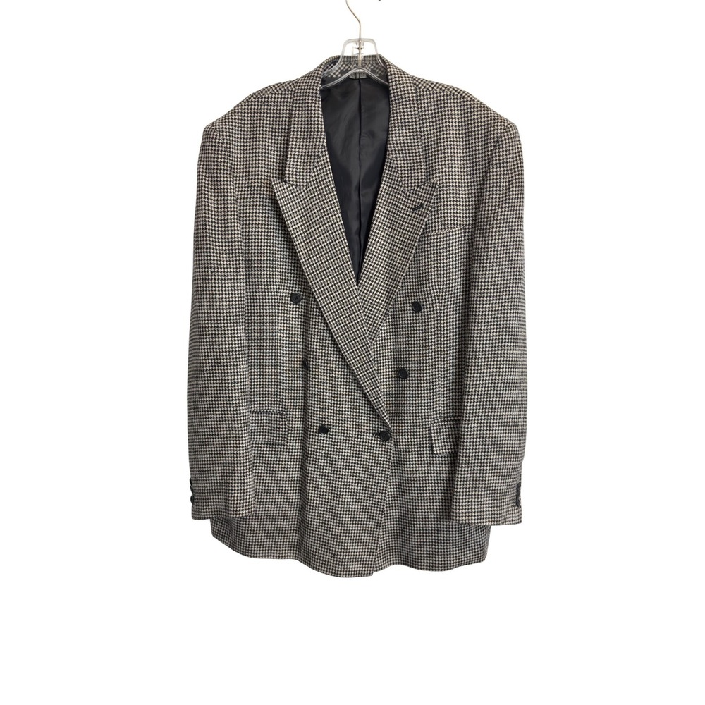 London Square Mens 46L Silk Houndstooth Double Breasted Blazer Jacket Black Whit